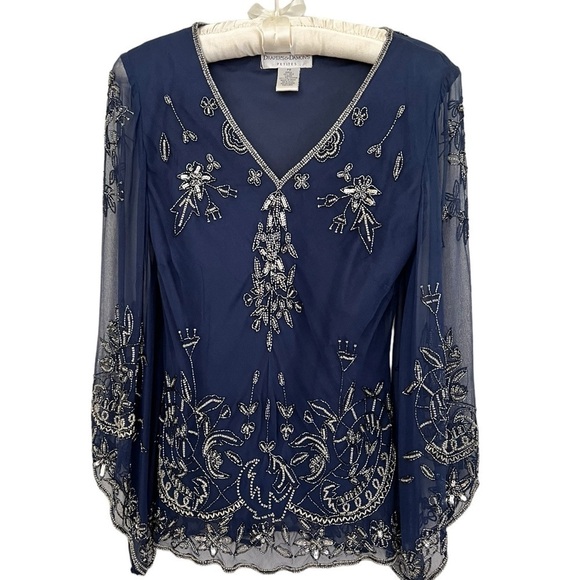 Draper’s and Damon’s Tops - Draper’s & Damon’s Vintage Navy Blue Sheer Flowy Top  Bell Sleeve  Size Petite 8